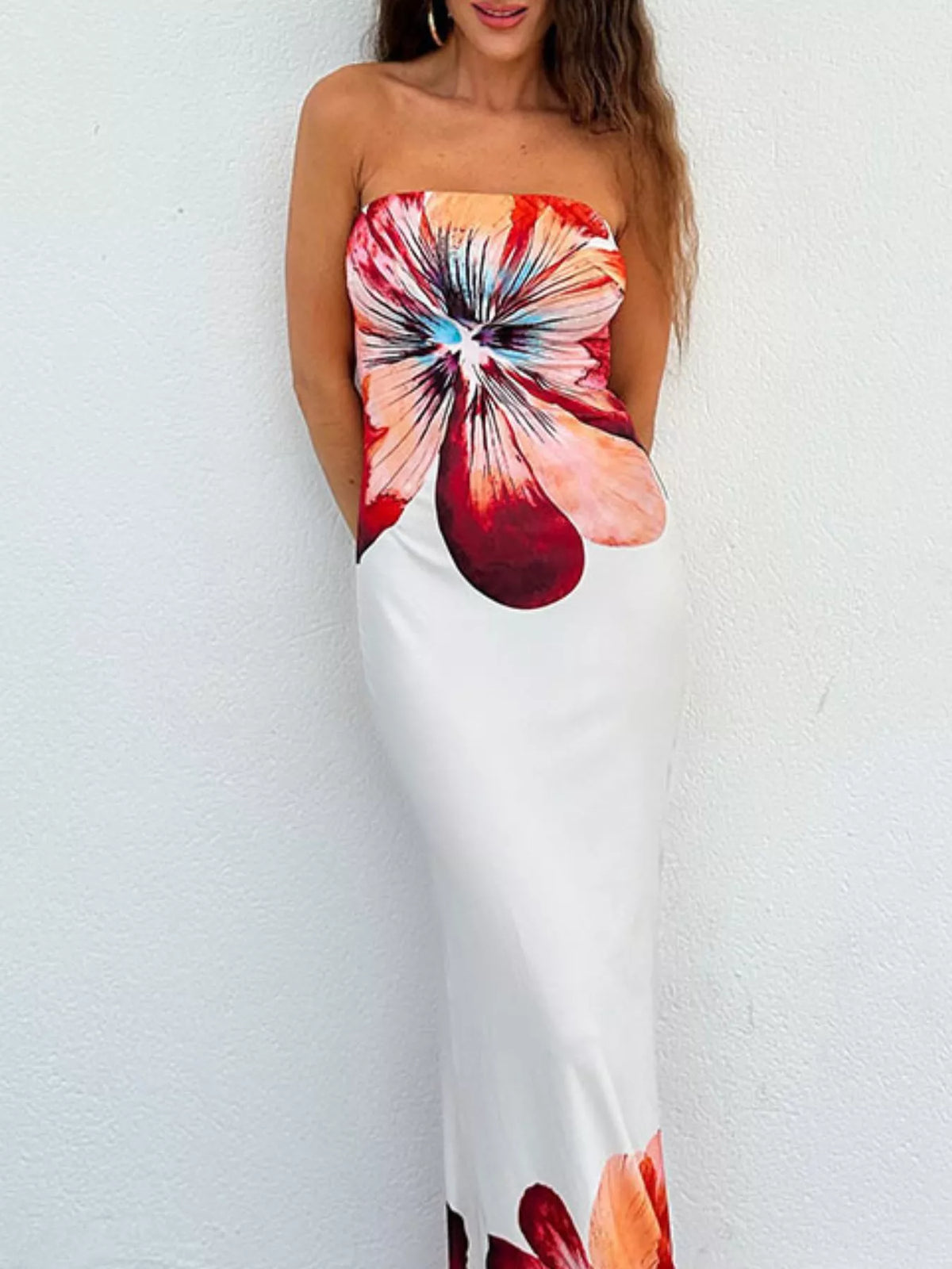 floral strapless bodycon maxi dress full length view