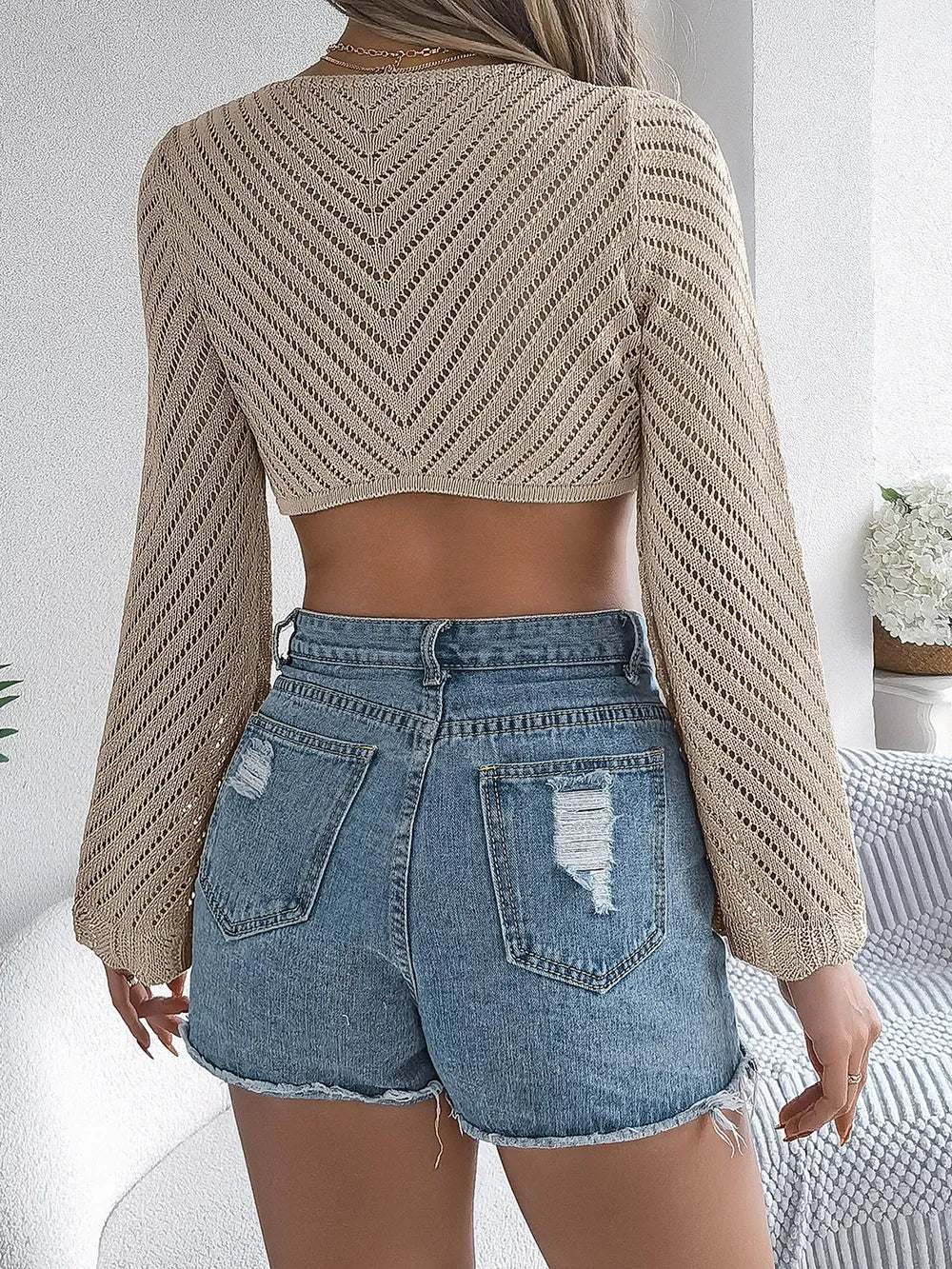 Openwork Tied Long Sleeve Knit Kimono Cover Up, view 9