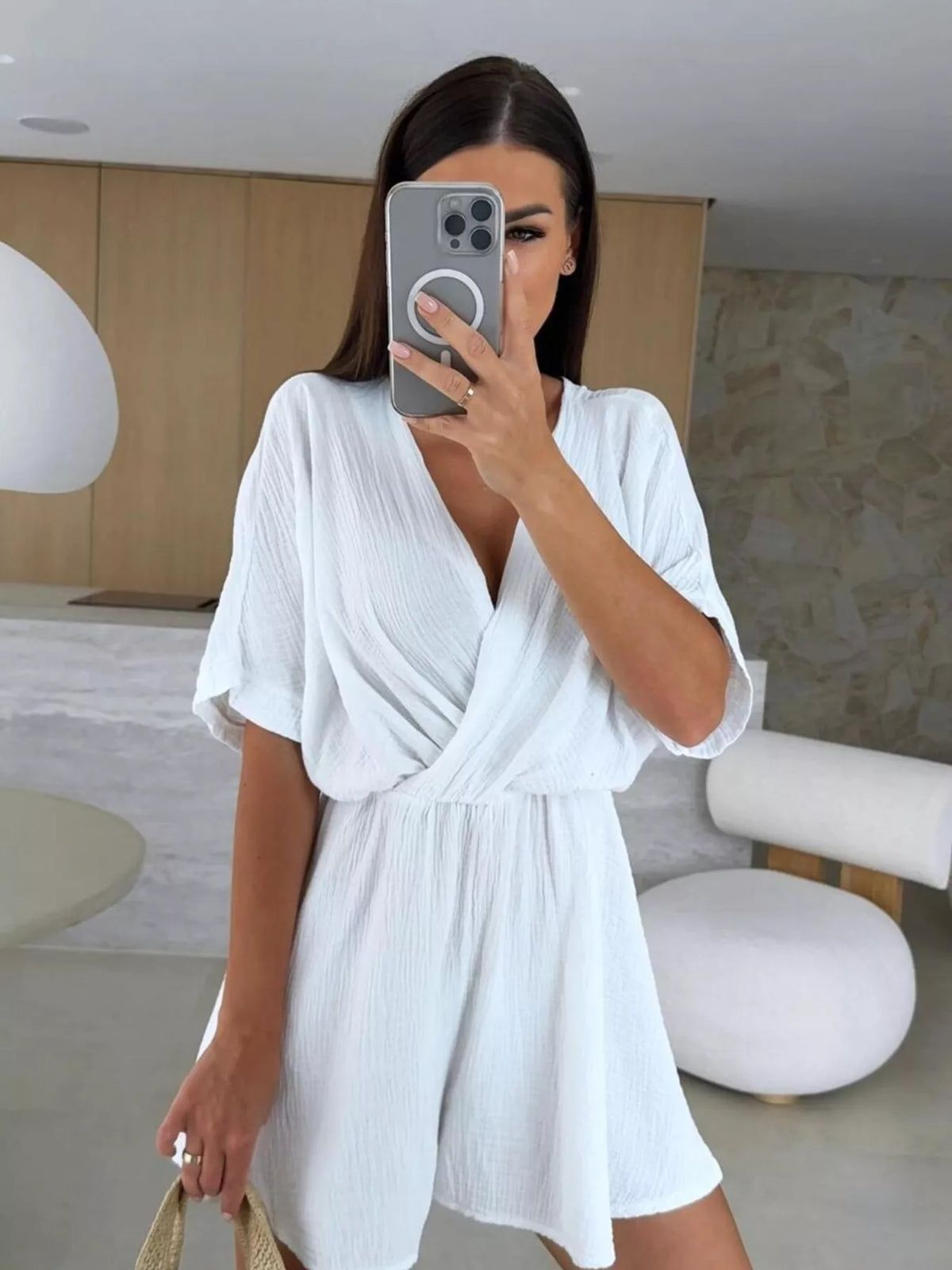 Surplice wrap front short sleeve romper front view