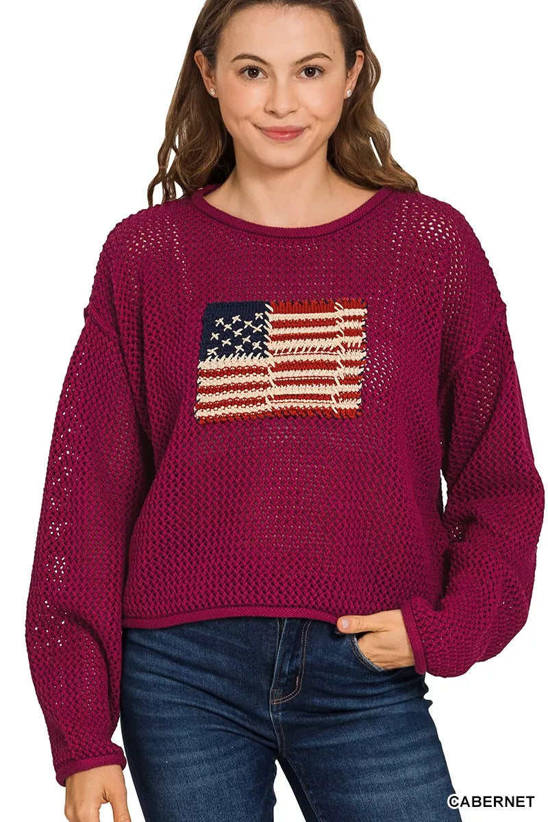American Flag Crew Neck Sweater in Cabernet