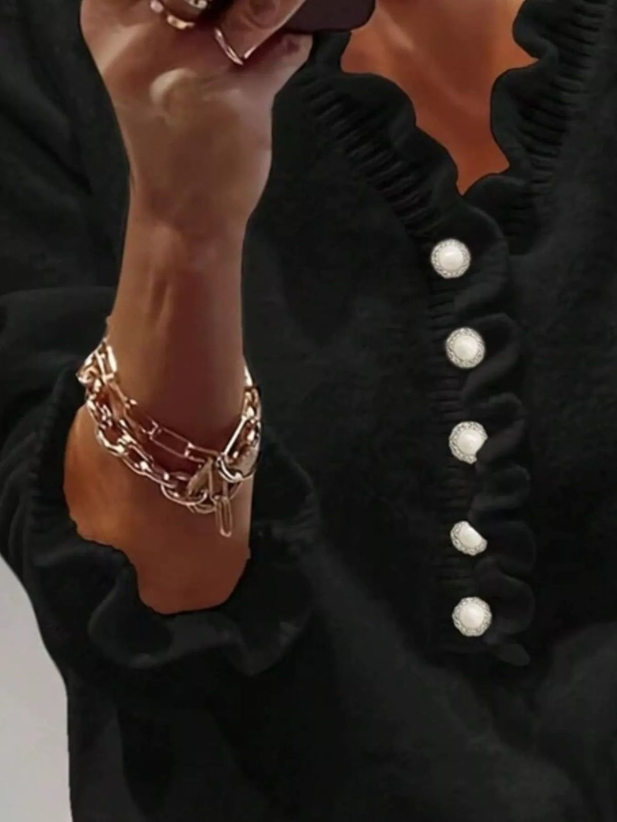 Ruffle Pearl Button Sweater side view