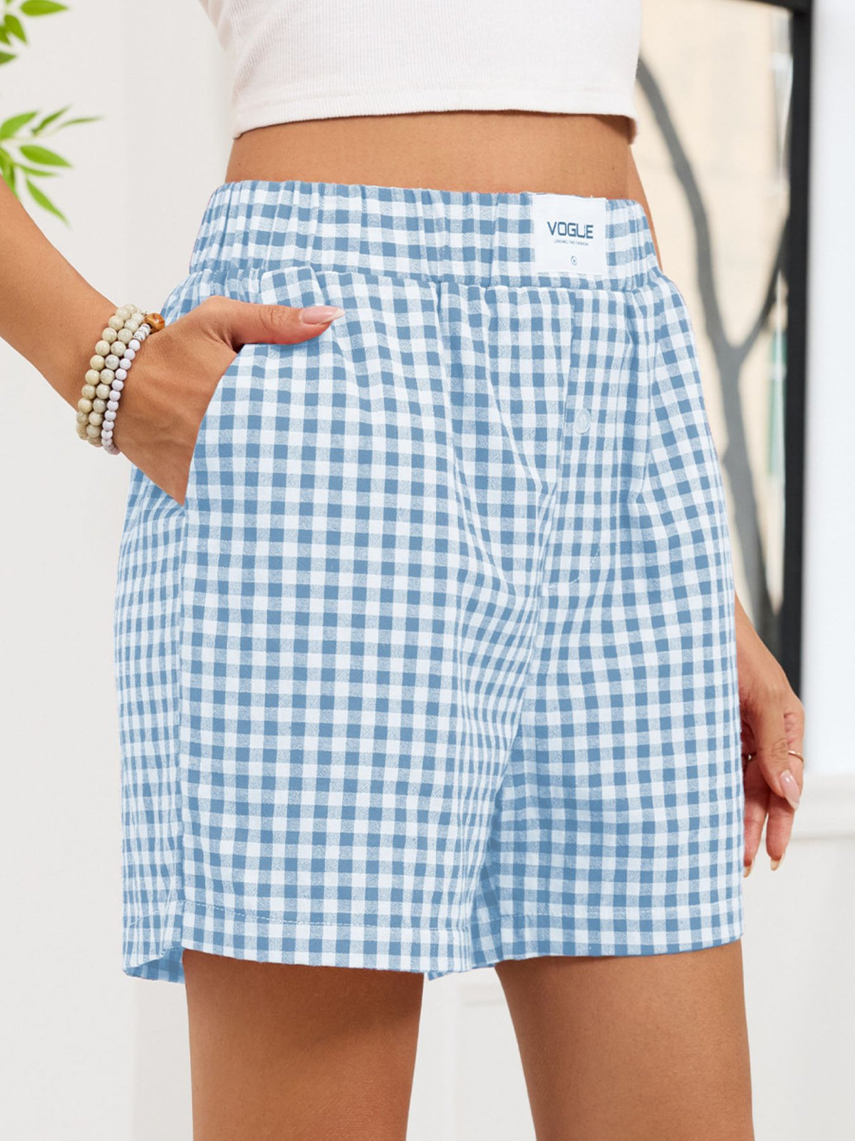 Gingham elastic waist shorts alternate styled view