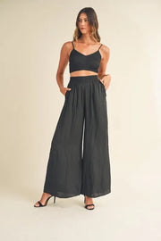 MABLE Smocked Bralette Crop Top and Wide Leg Pants Set Black - Fashorio