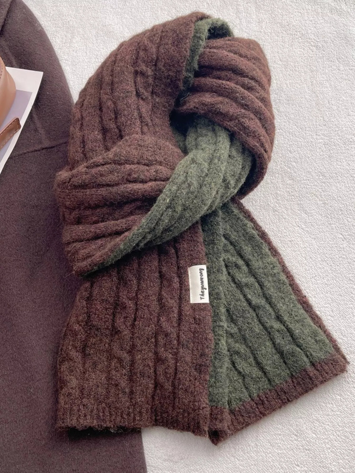 Two tone cable knit scarf close up texture