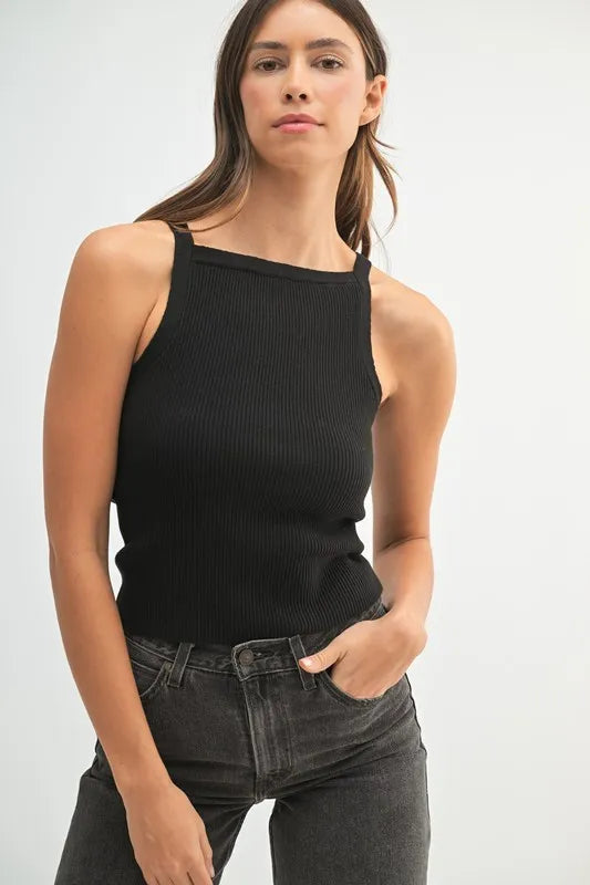 Black ribbed knit tank top back view