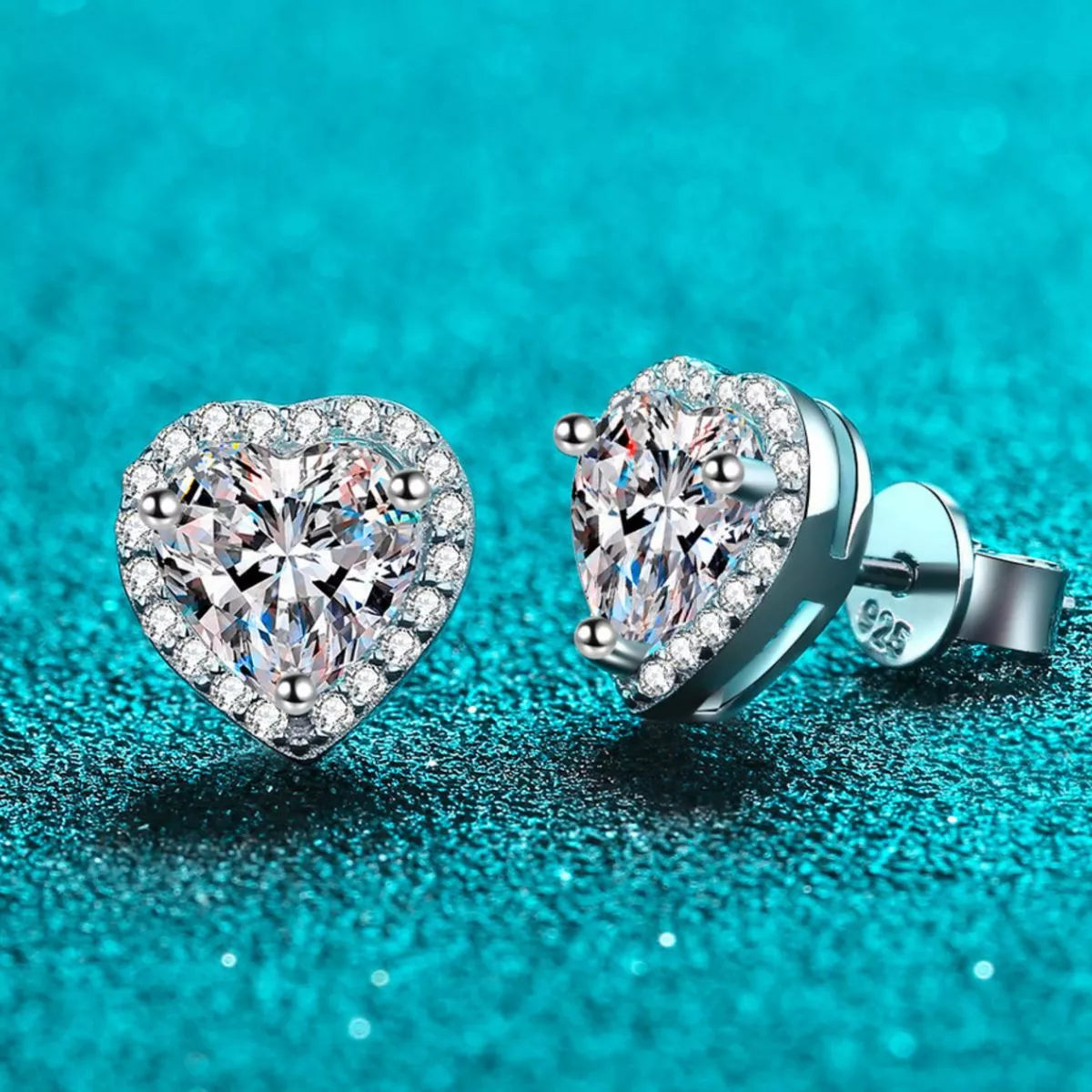 Heart shaped moissanite sterling silver stud earrings full length view