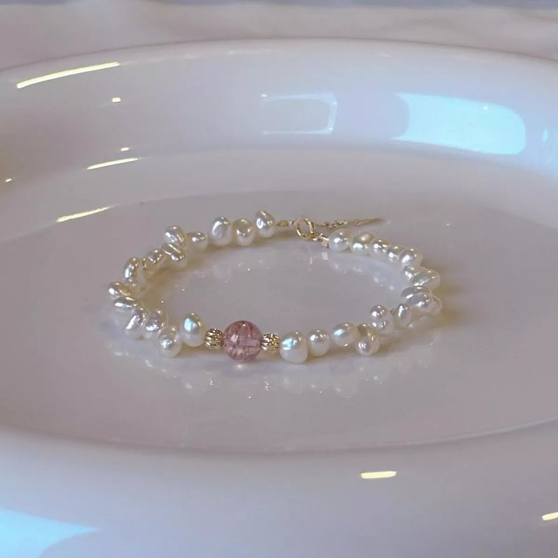 Blush pink pearl and crystal beaded bracelet, front view