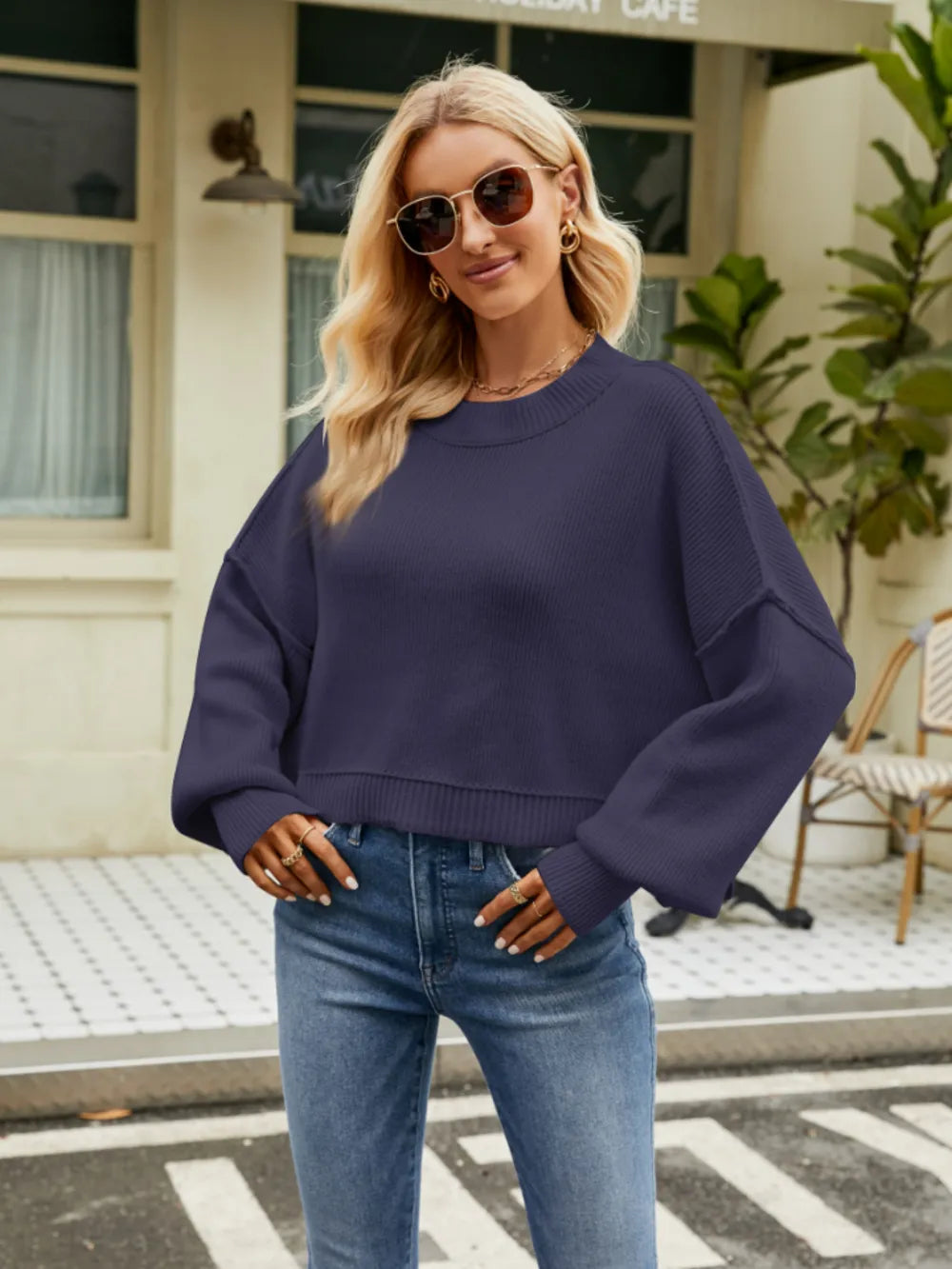 Round Neck Lantern Sleeve Sweater Cobald Blue - Fashorio