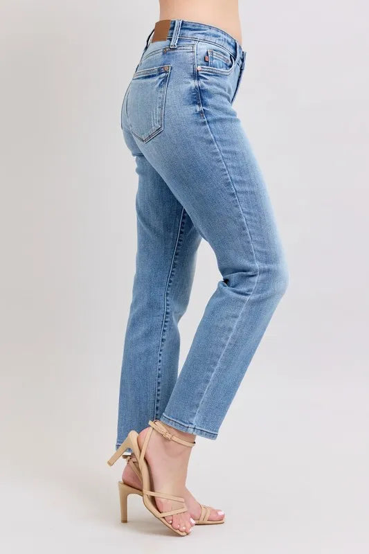 Judy Blue Full Size Mid Rise Vintage Wash Slim Jeans with Cell Phone Pocket Plus Size - Fashorio