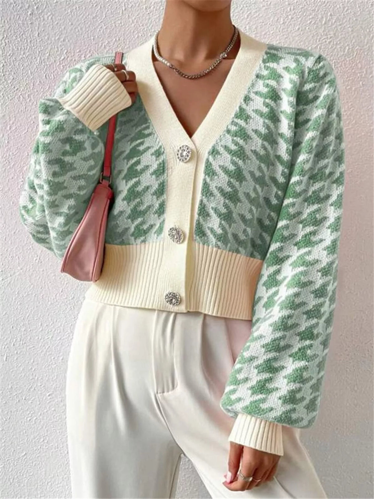 houndstooth v neck button up cardigan hem detail