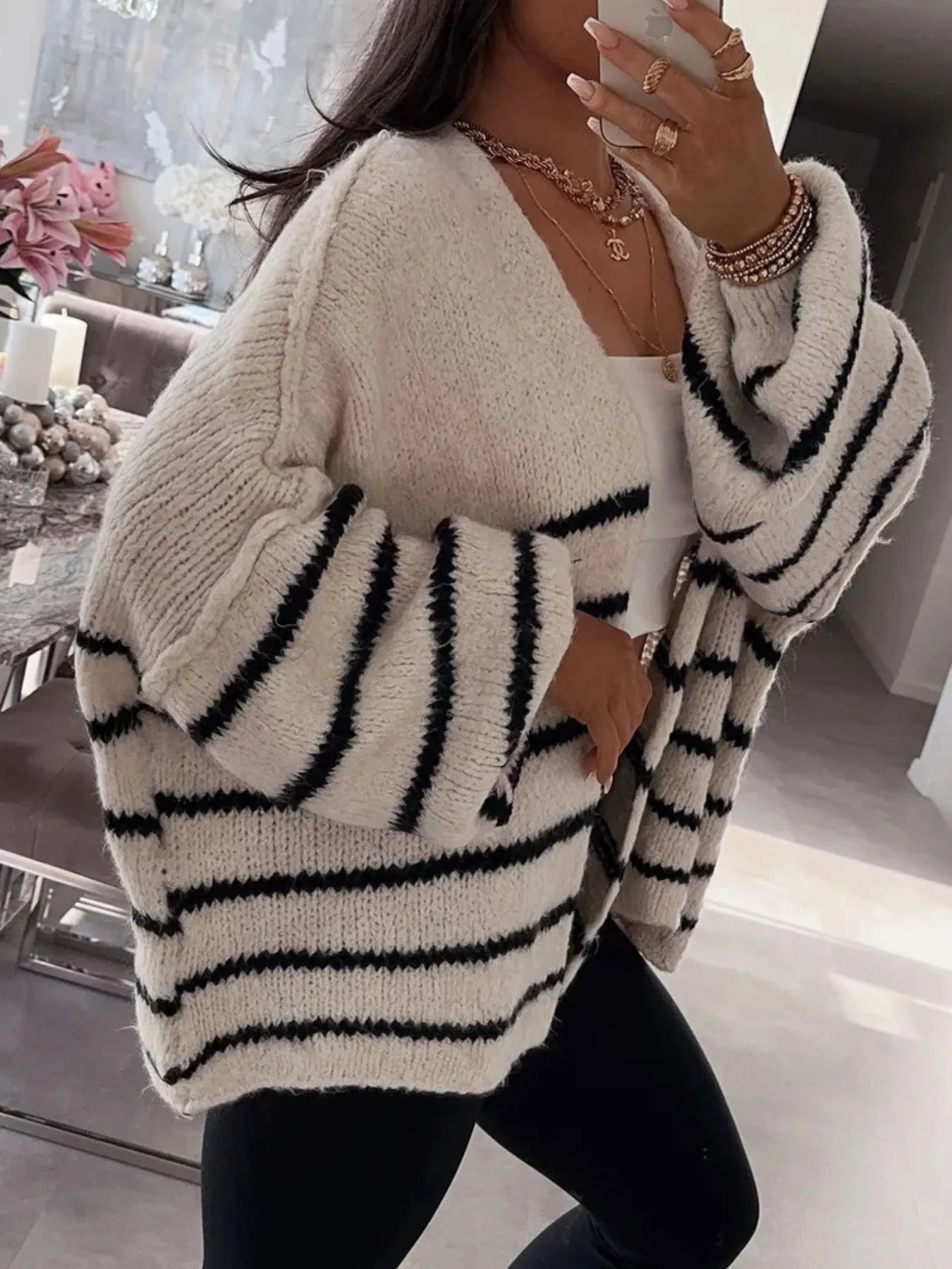 Striped Open Front Dropped Shoulder Cardigan - Fashorio