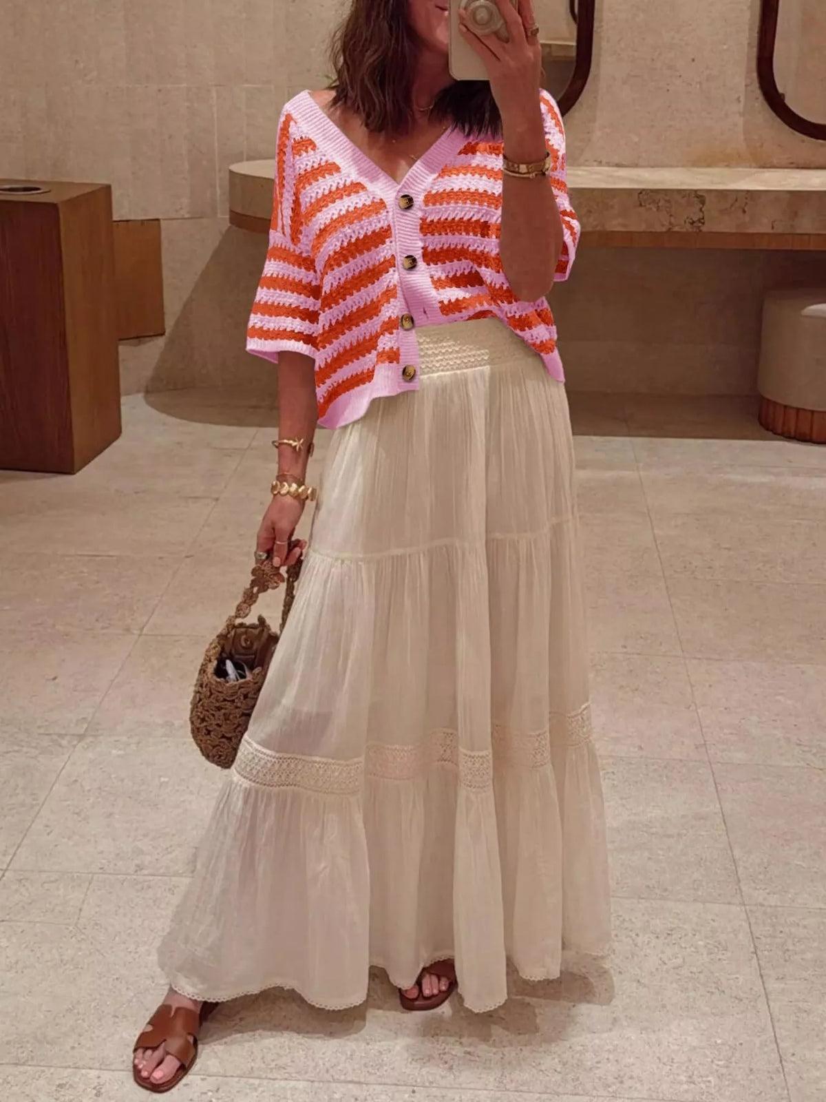 Striped button up cardigan short sleeve detail