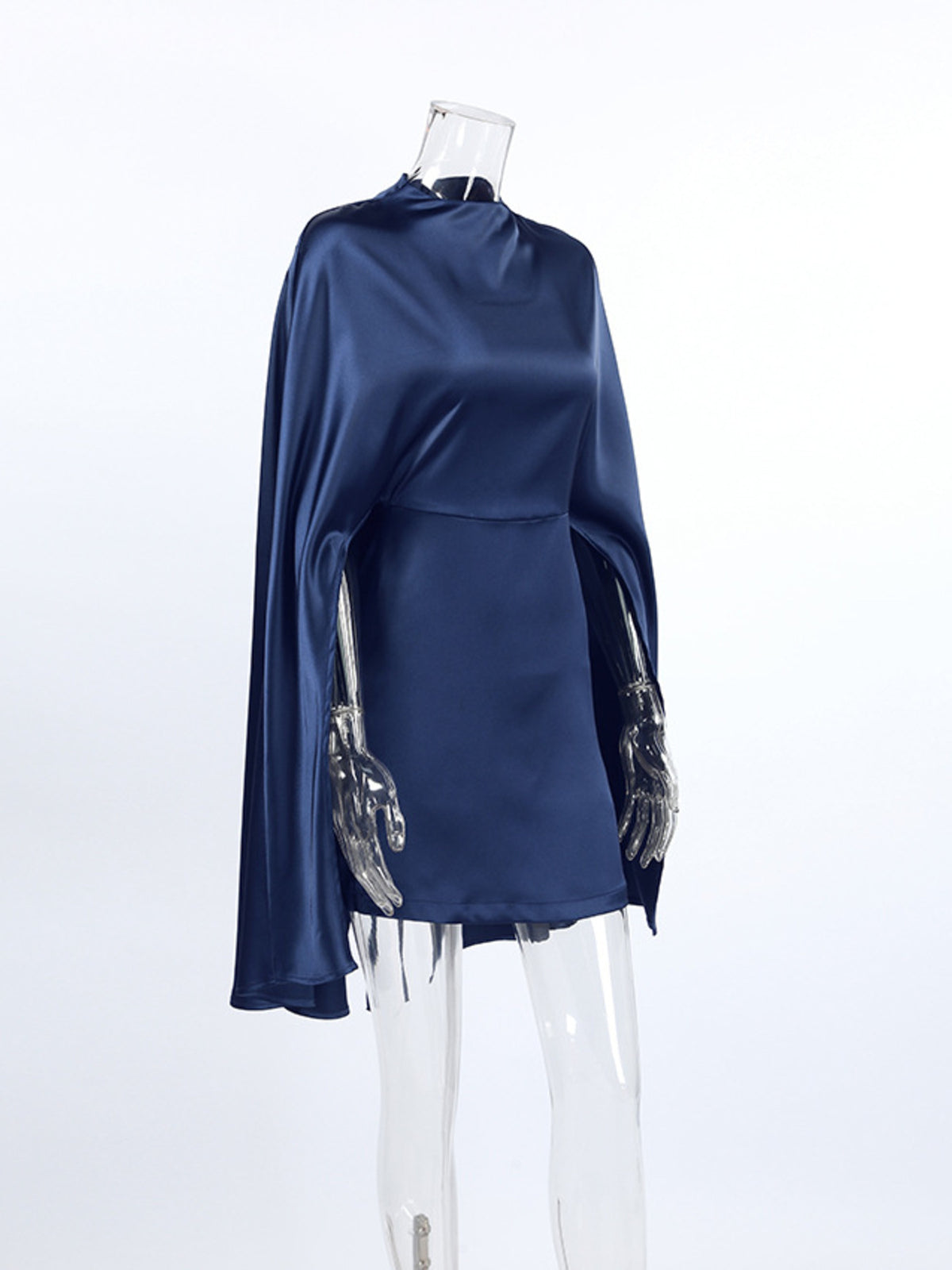 Mock neck cape sleeve mini dress front slit detail
