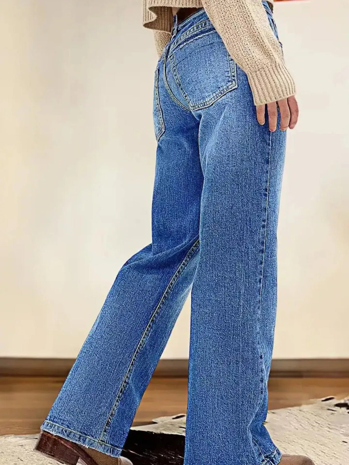Blue straight leg denim side profile