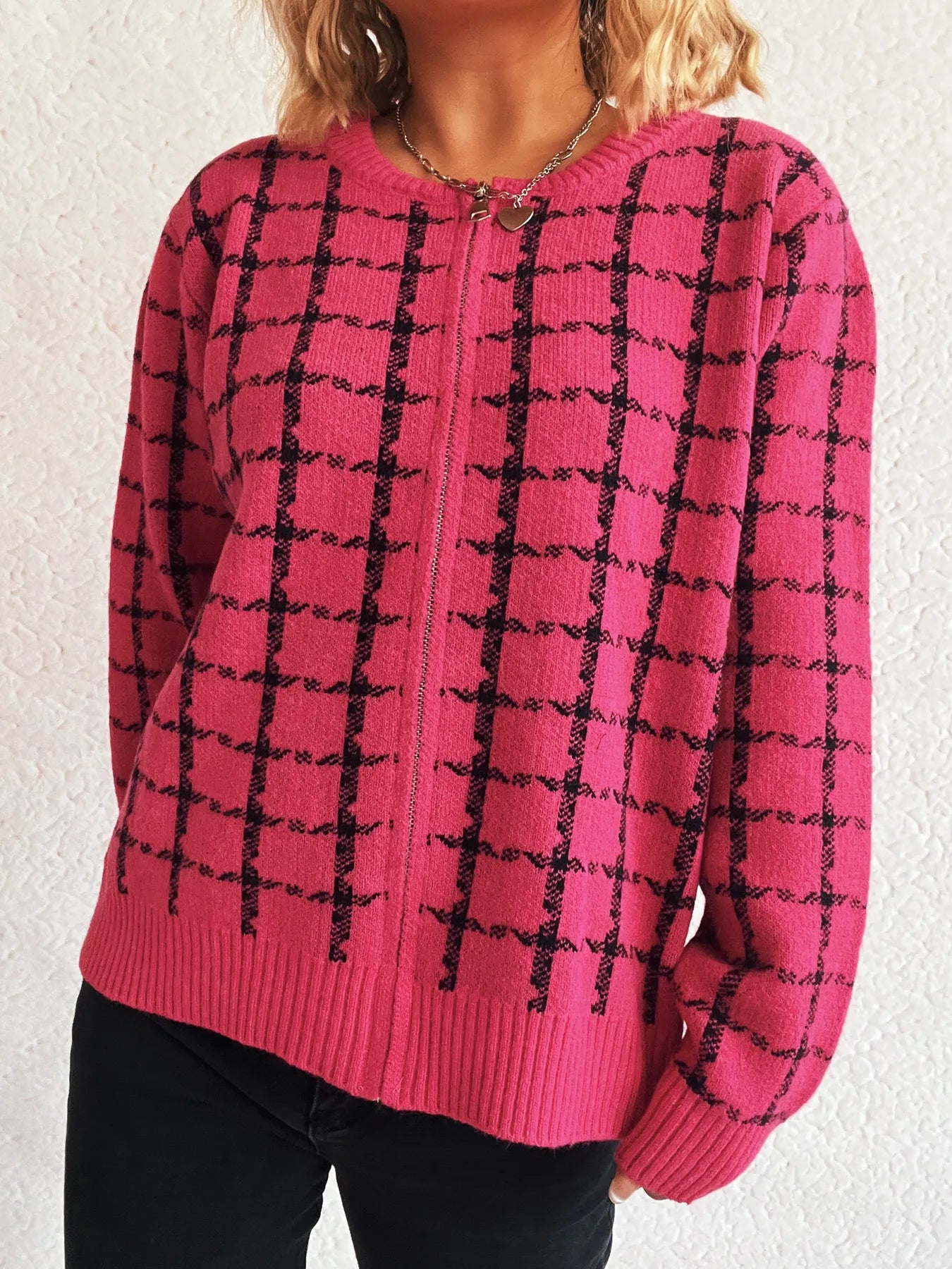 Plaid Pattern Zip Up Cardigan - Fashorio