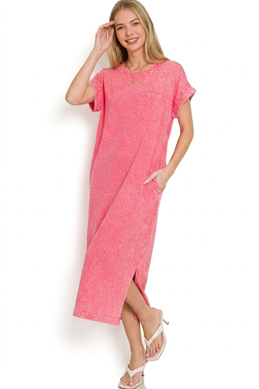 Washed Exposed Seam T Shirt Dress in Fuchsia back view