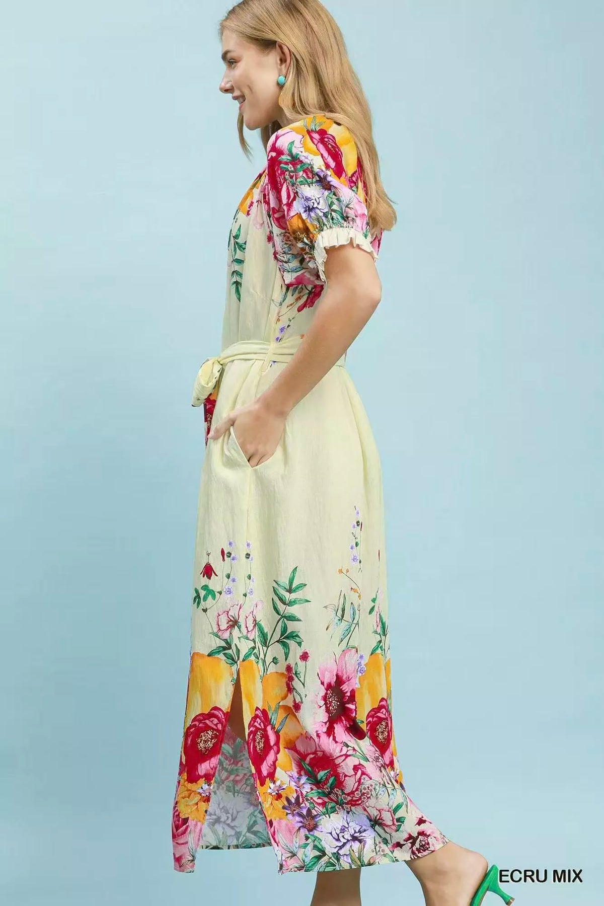 Umgee mixed floral border print midi dress in ecru side view