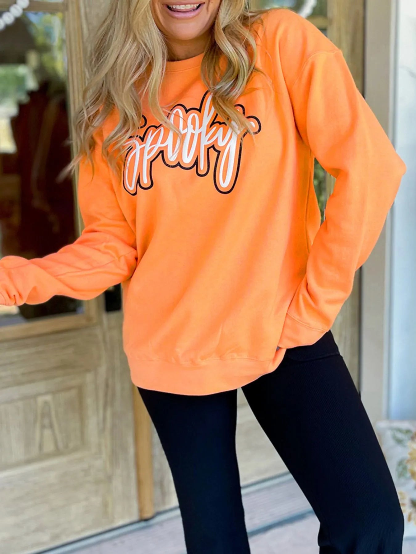 Spooky Round Neck Long Sleeve Sweatshirt - Fashorio