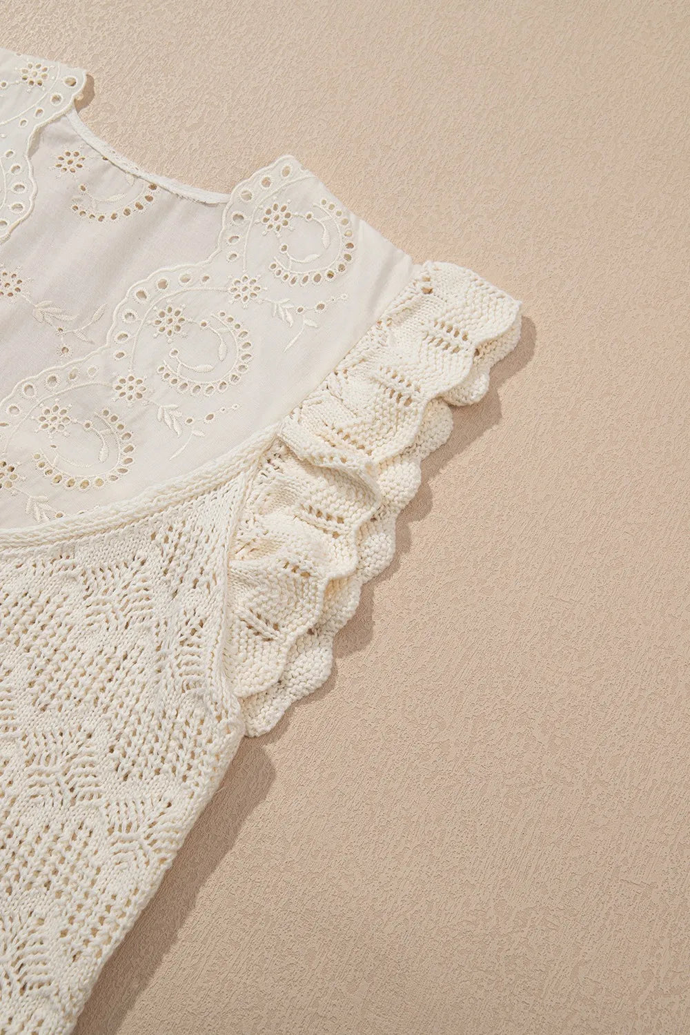 Embroidered Patchwork Openwork Ruffle Sweater Vest in Beige view 9