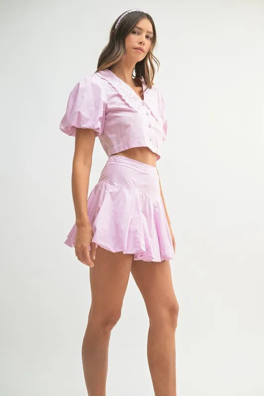 MABLE Puff Sleeve Button Down Top and Bubble Skirt Set - Fashorio