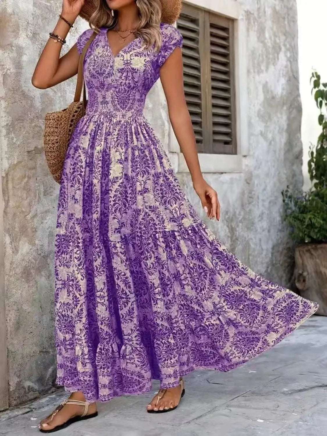 Vintage floral cap sleeve maxi dress styled look