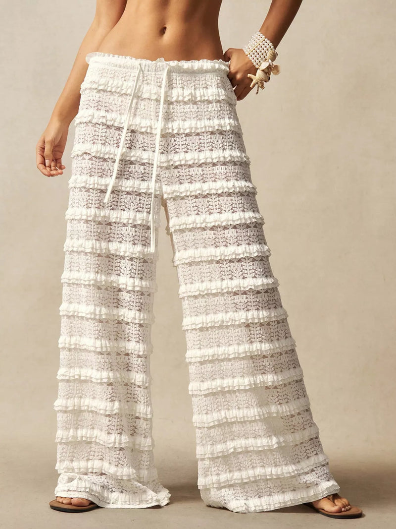 White lace drawstring wide leg pants front view