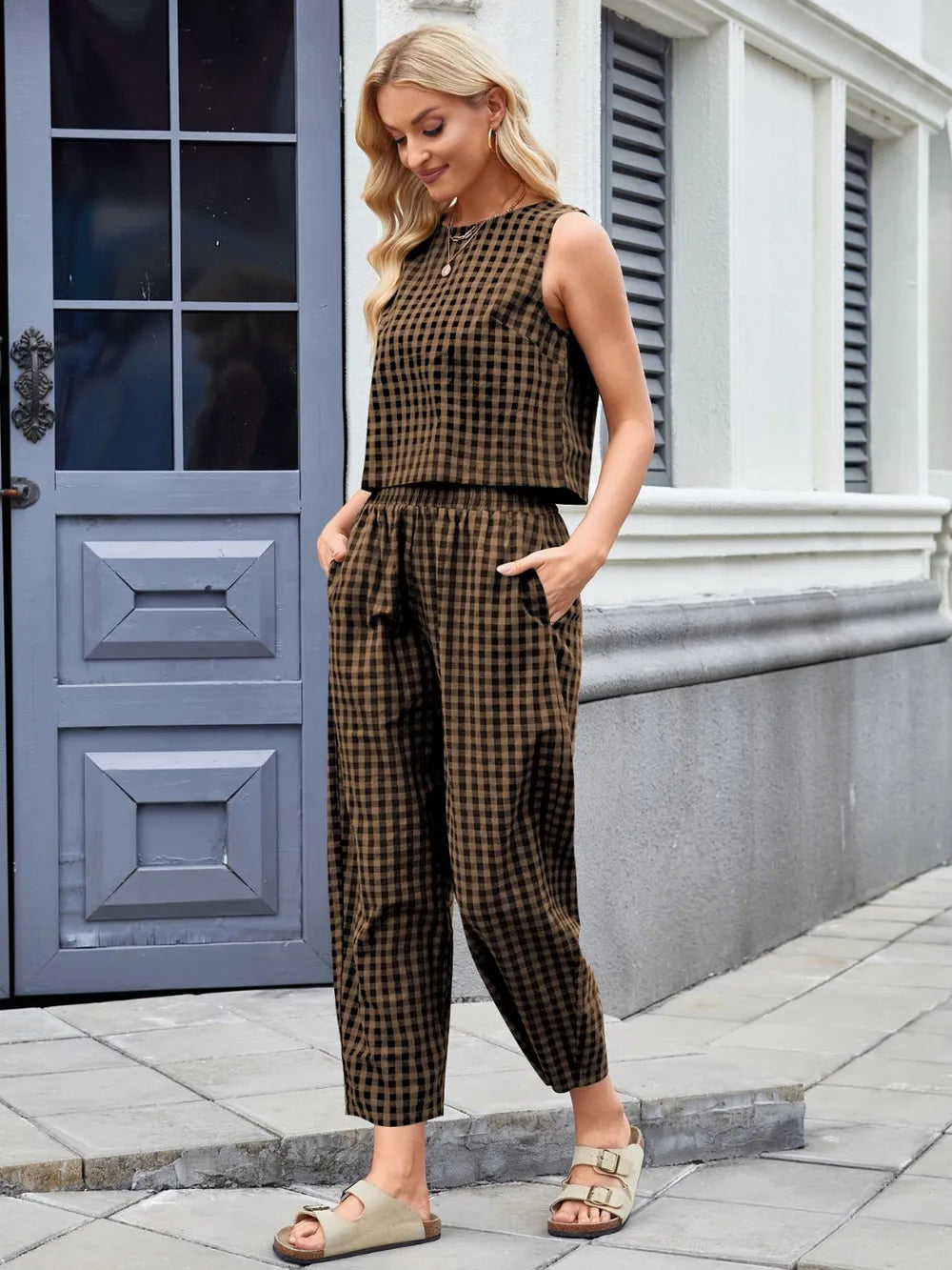 Plaid Sleeveless Top and Pants Set view 17