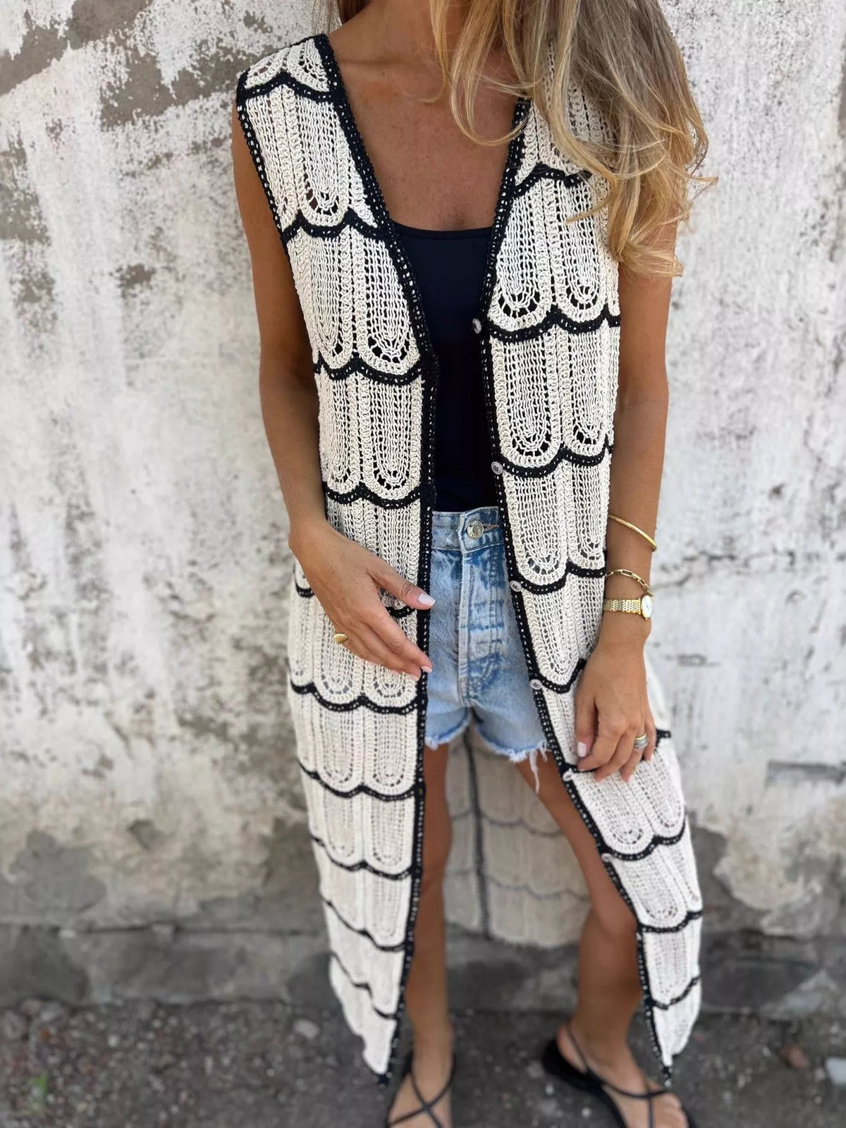 Sleeveless crochet longline cardigan front view