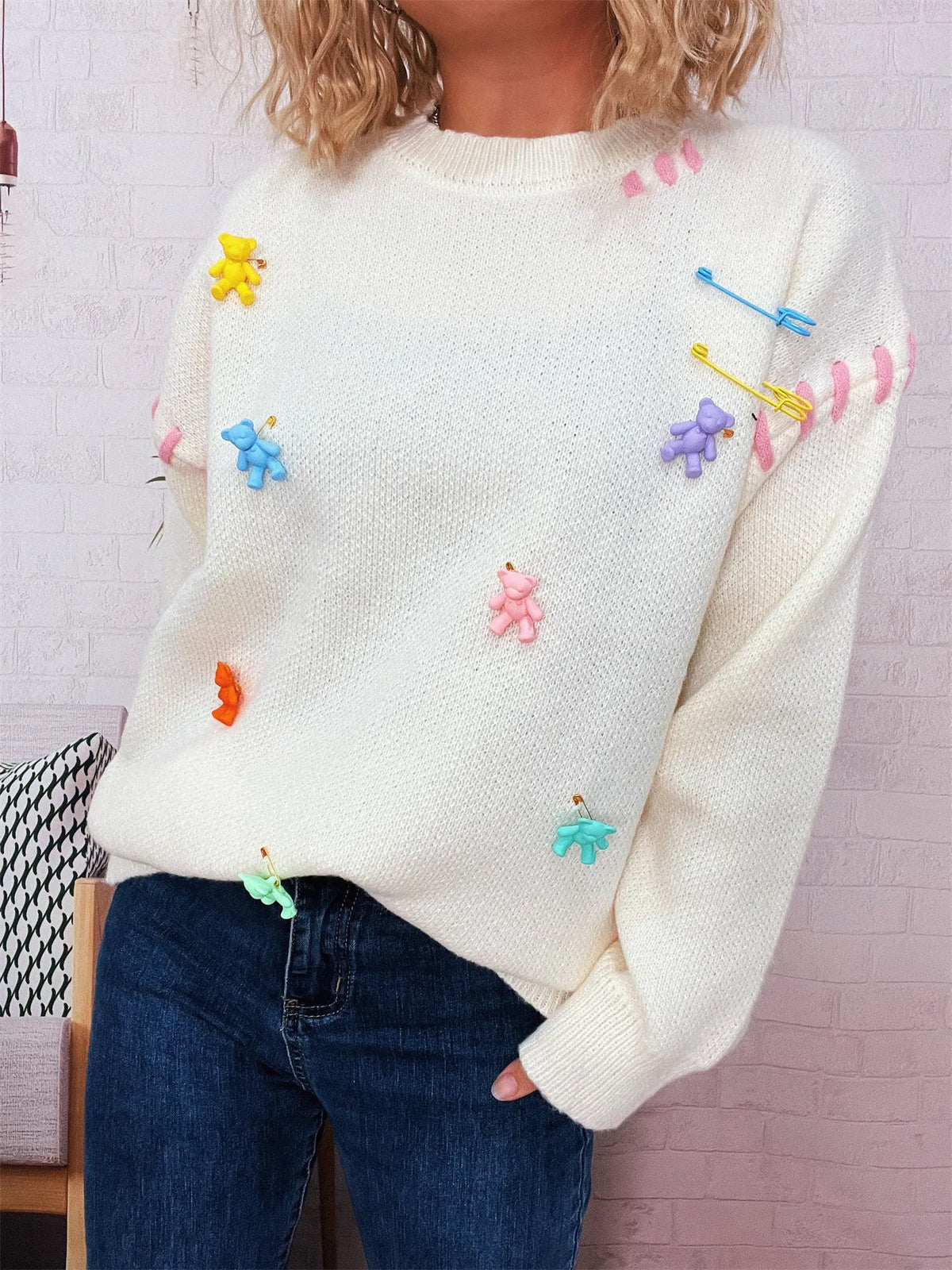 bear applique round neck sweater front view