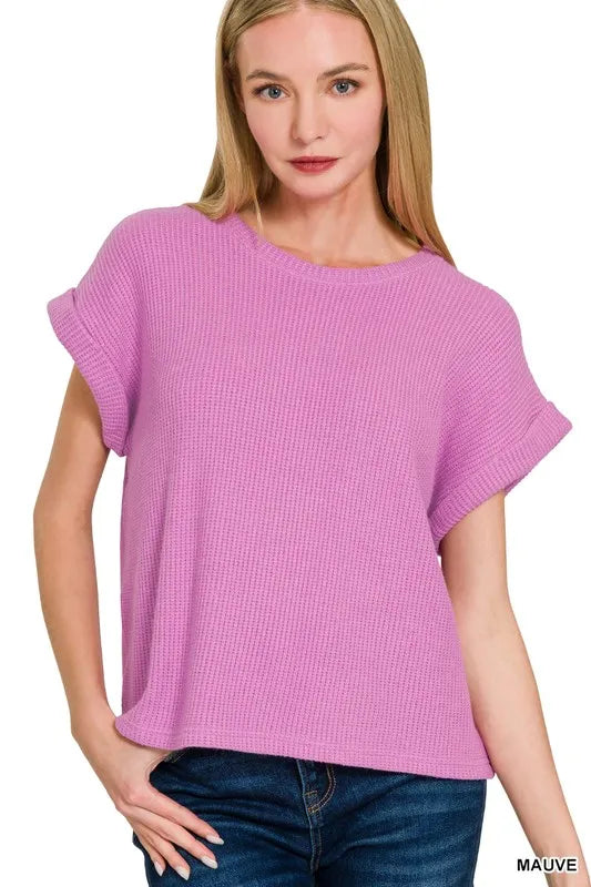 Rolled Sleeve Sweater Top and Pants Set in Mauve back view