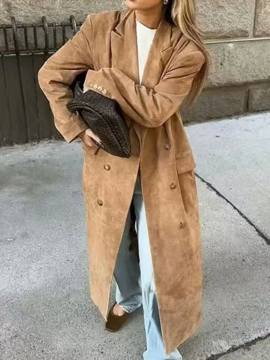 Double-Breasted Lapel Collar Long Coat - Fashorio