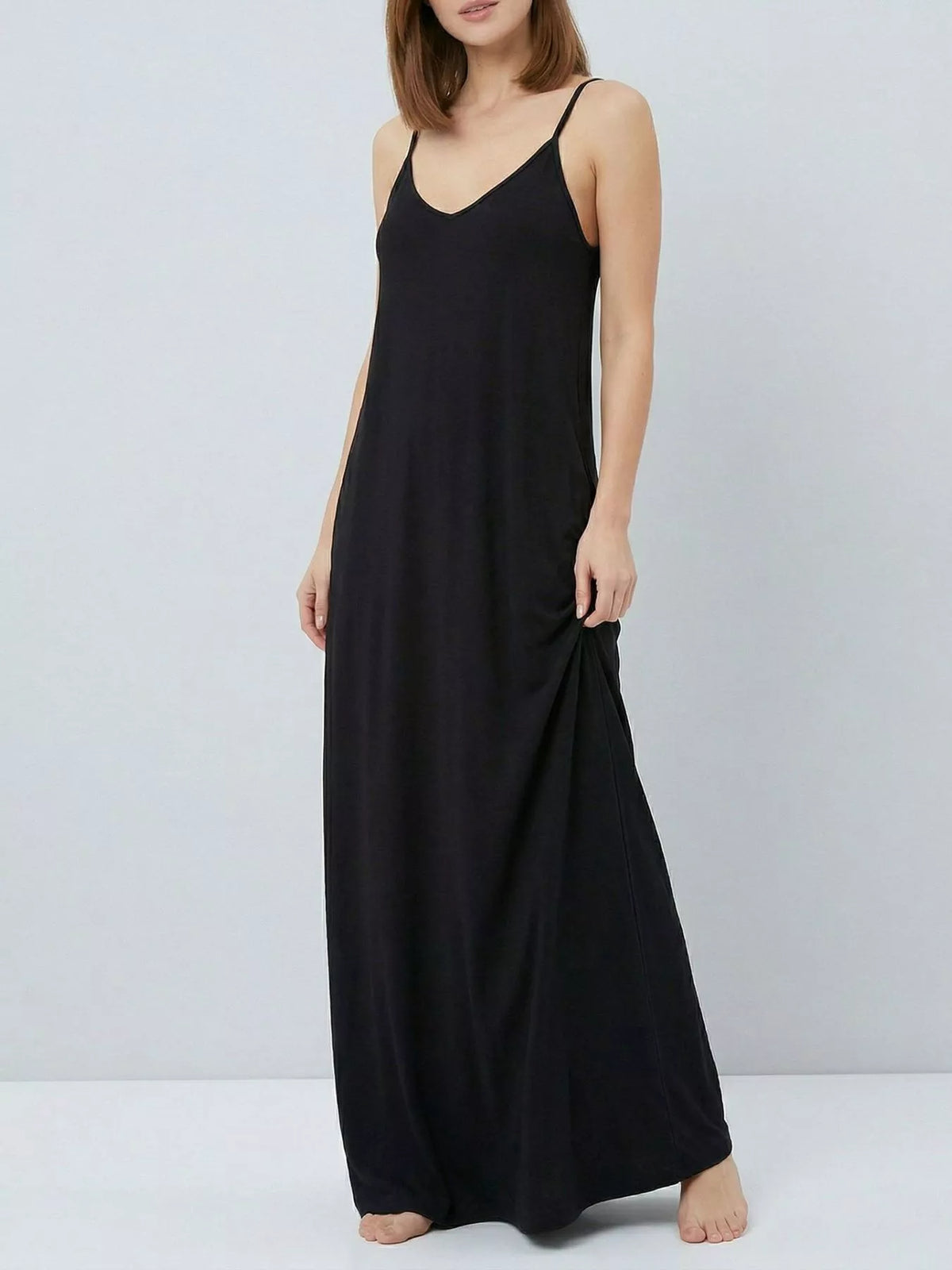 black V neck maxi dress back view