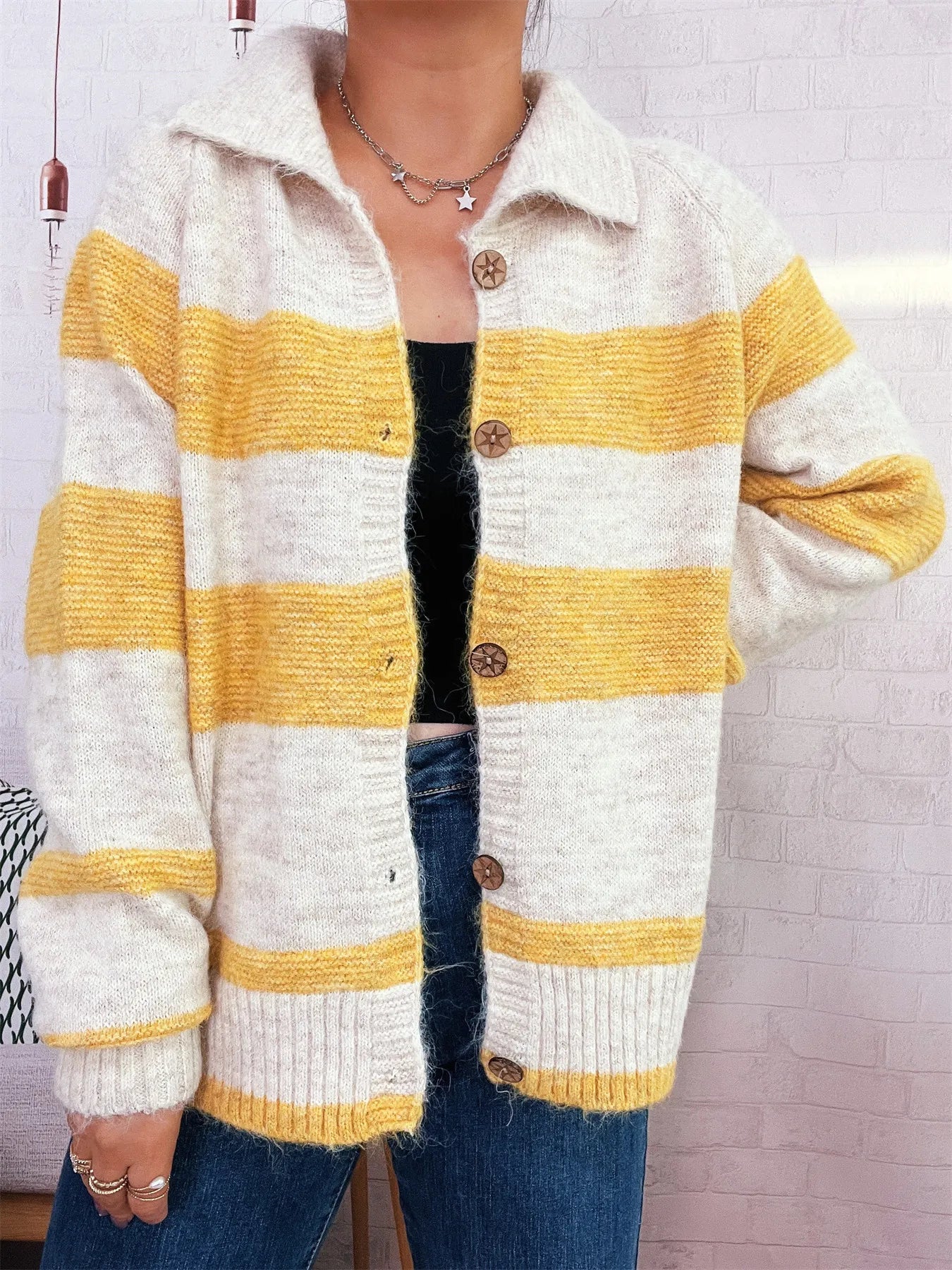 Striped Button-Up Cozy Cardigan Yellow One Size - Fashorio