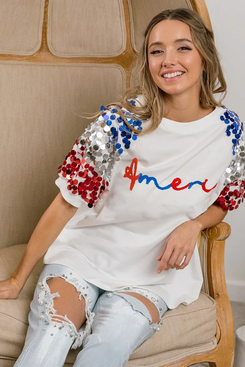 BiBi BiBi America Letter Applique Spangle Puff Sleeves Top