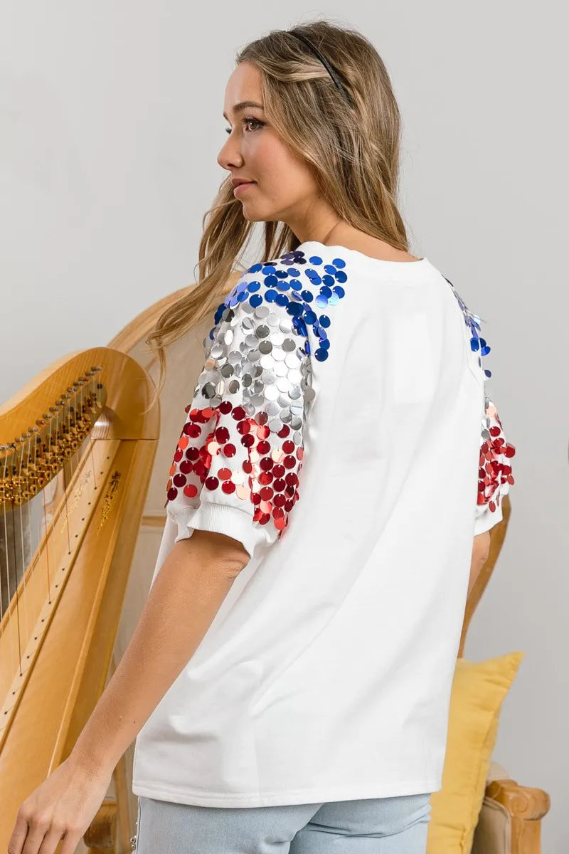 BiBi BiBi America Letter Applique Spangle Puff Sleeves Top