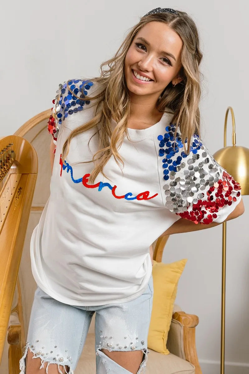 BiBi BiBi America Letter Applique Spangle Puff Sleeves Top