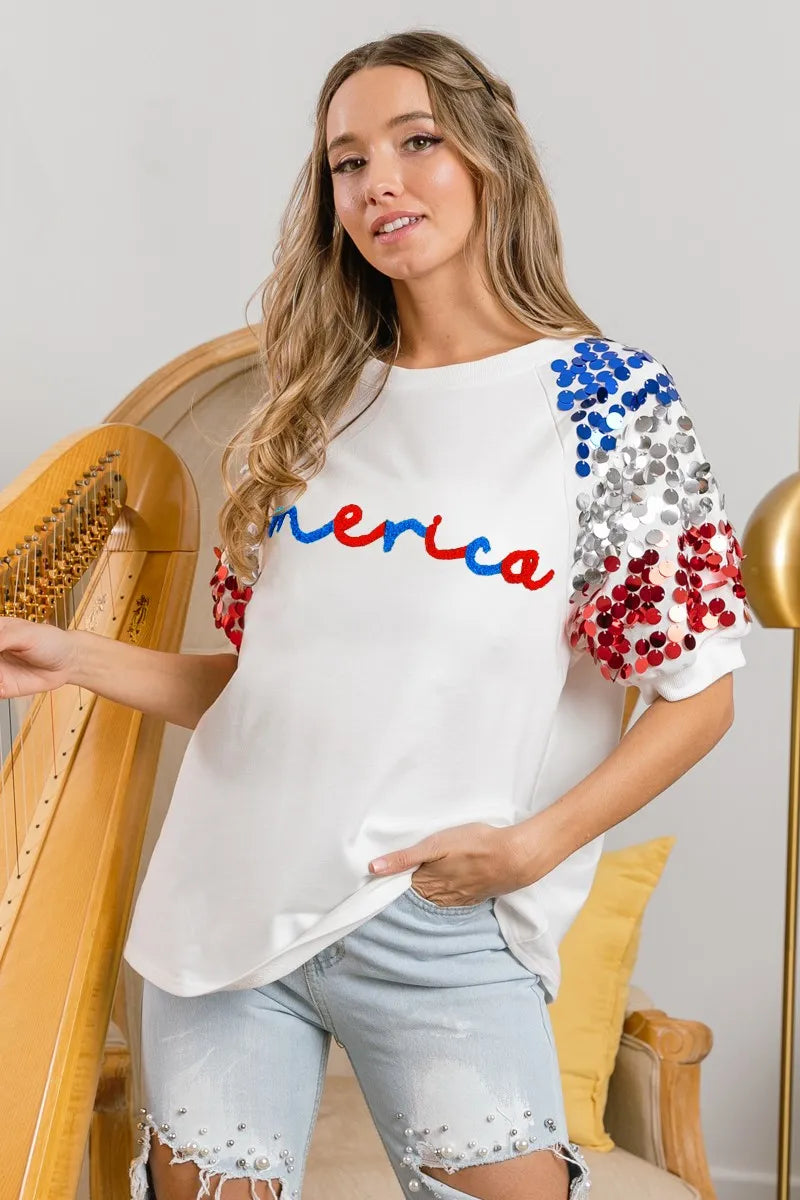 BiBi BiBi America Letter Applique Spangle Puff Sleeves Top