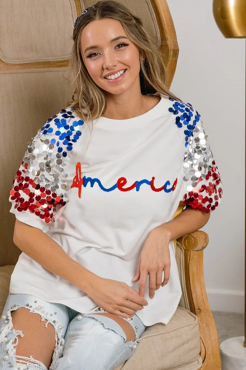 BiBi BiBi America Letter Applique Spangle Puff Sleeves Top