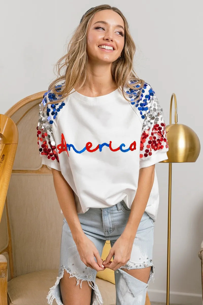 BiBi BiBi America Letter Applique Spangle Puff Sleeves Top