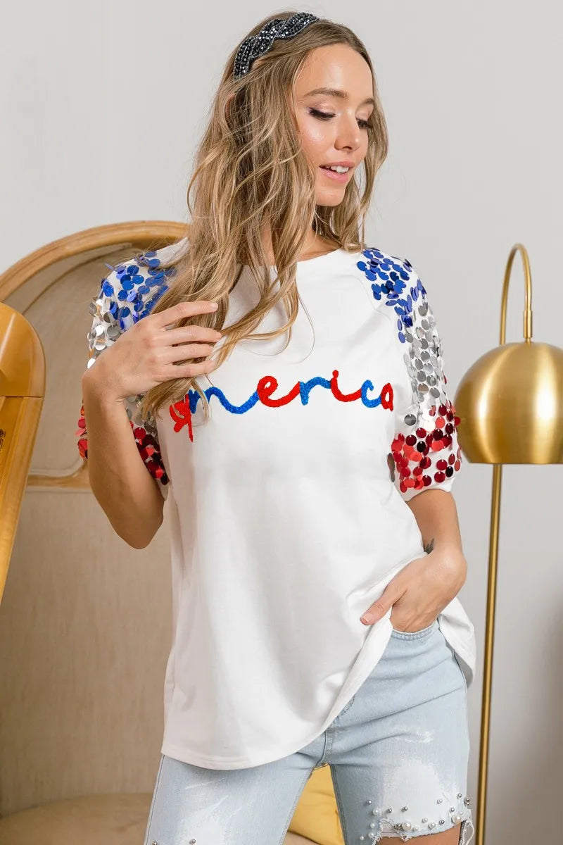 BiBi BiBi America Letter Applique Spangle Puff Sleeves Top