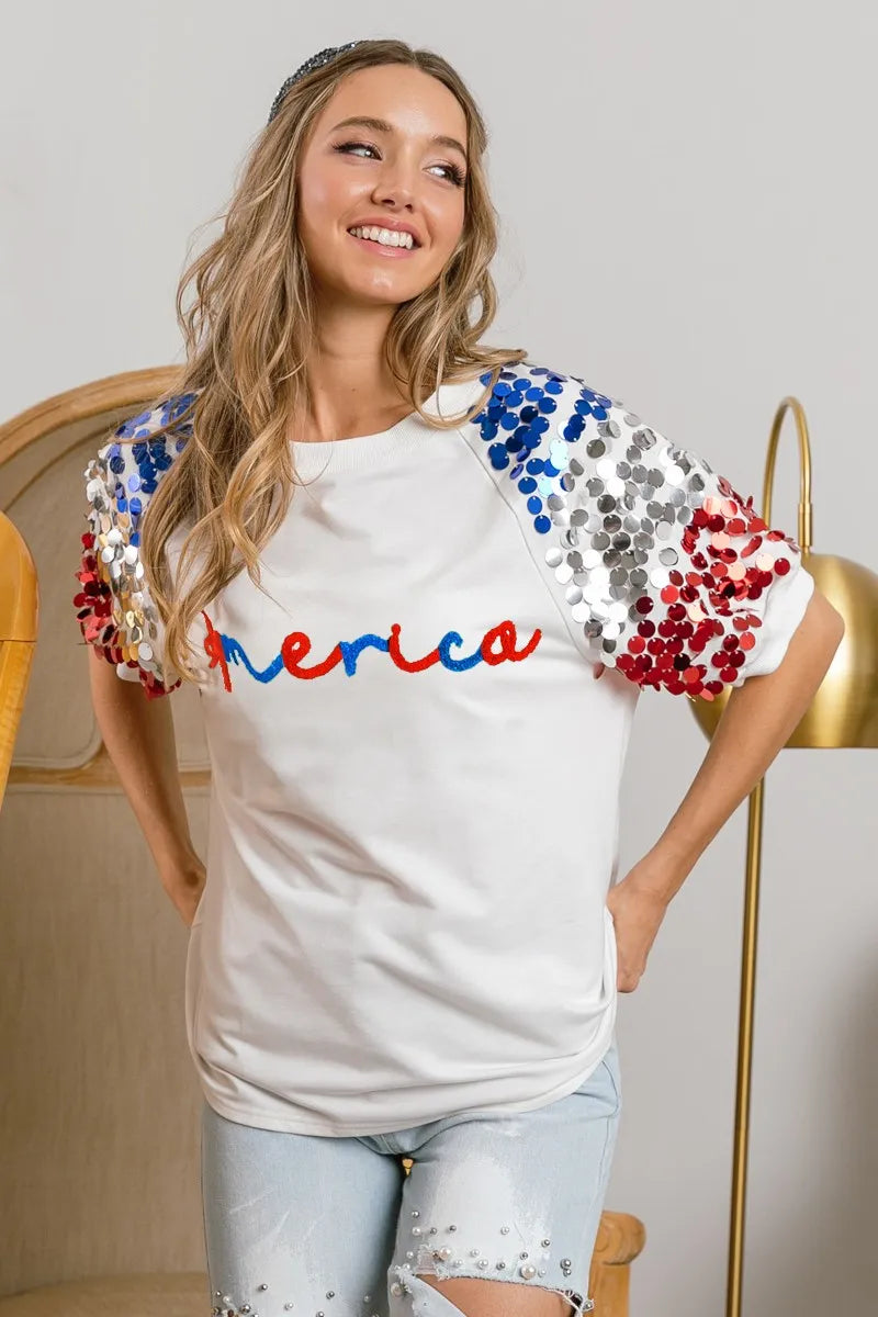 BiBi BiBi America Letter Applique Spangle Puff Sleeves Top