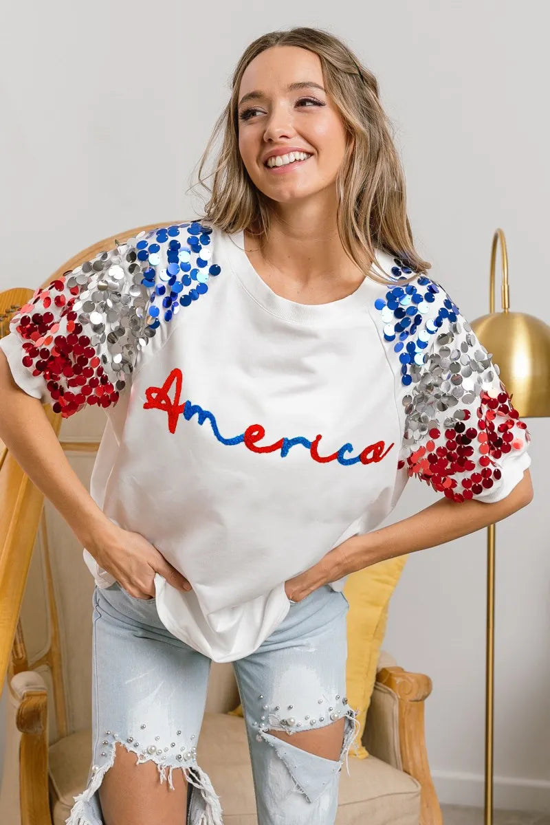 BiBi BiBi America Letter Applique Spangle Puff Sleeves Top