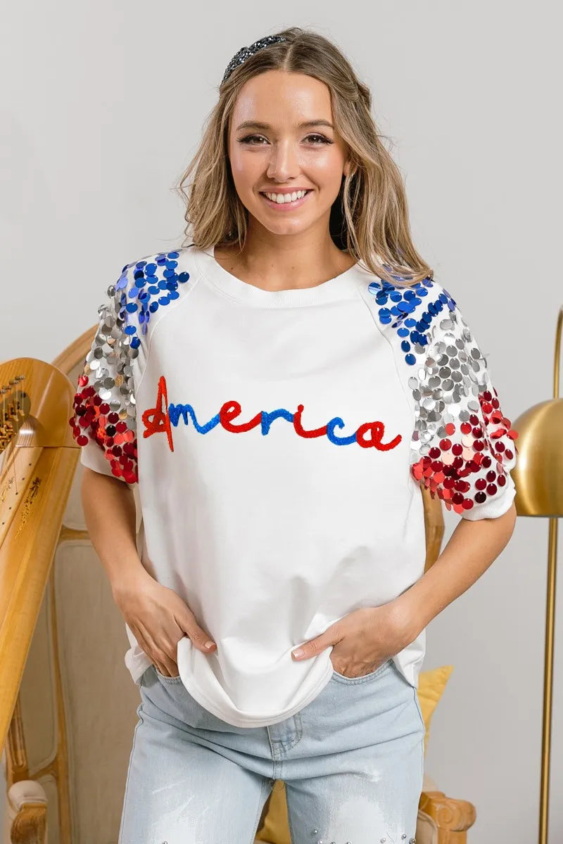 BiBi BiBi America Letter Applique Spangle Puff Sleeves Top