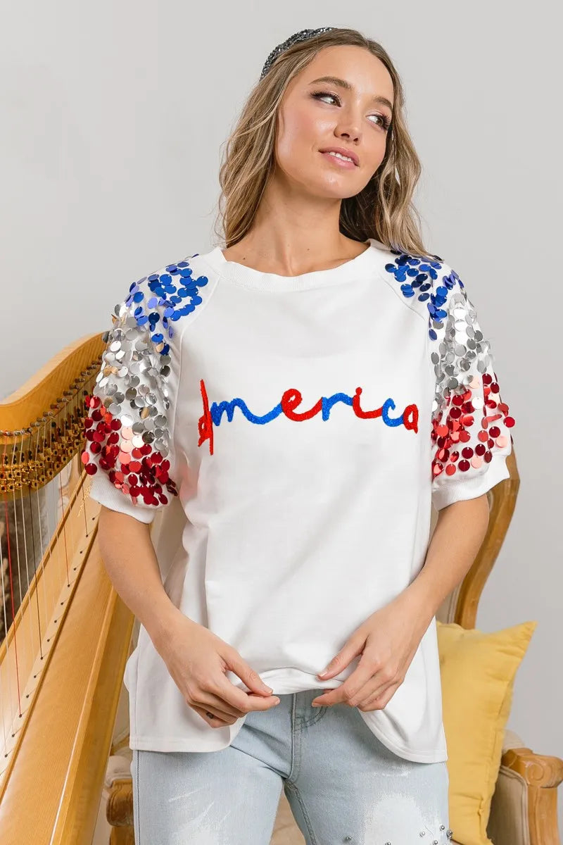 BiBi BiBi America Letter Applique Spangle Puff Sleeves Top
