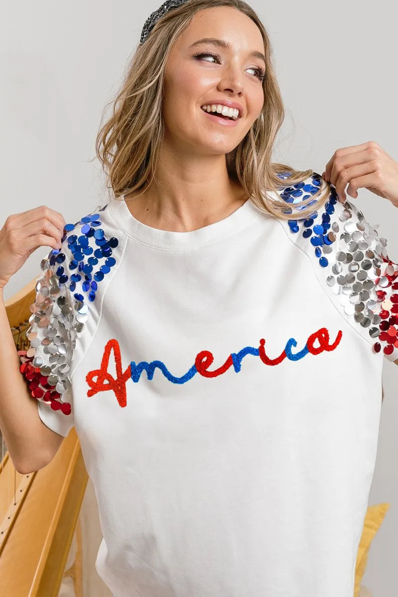 BiBi BiBi America Letter Applique Spangle Puff Sleeves Top