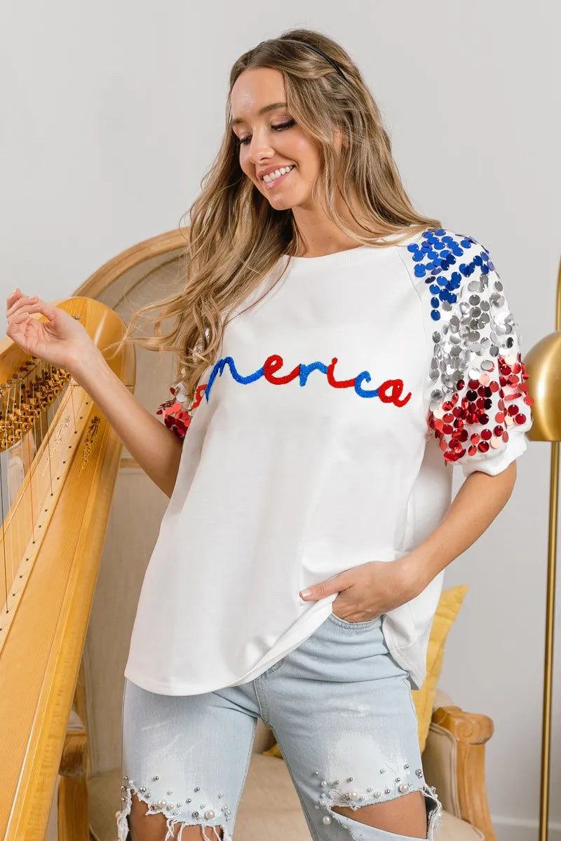 BiBi BiBi America Letter Applique Spangle Puff Sleeves Top