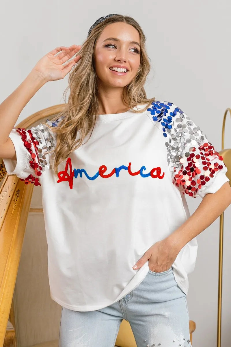 BiBi BiBi America Letter Applique Spangle Puff Sleeves Top
