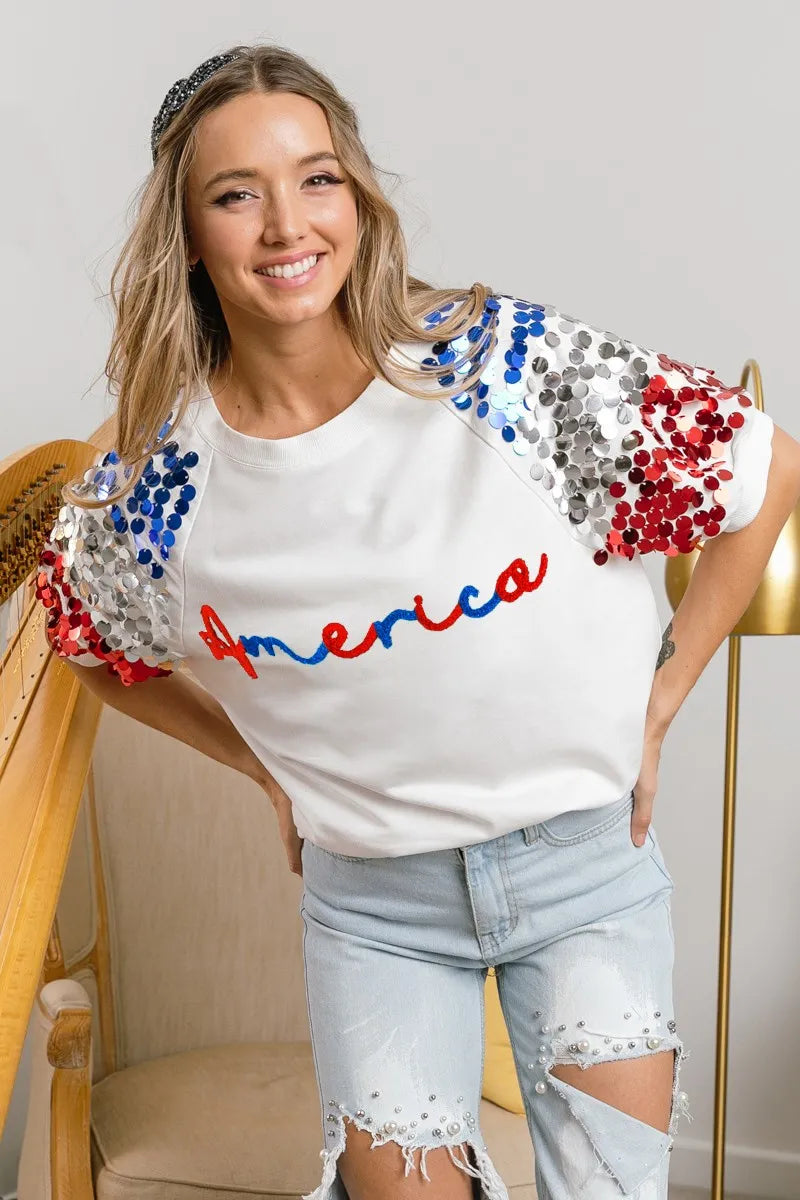 BiBi BiBi America Letter Applique Spangle Puff Sleeves Top