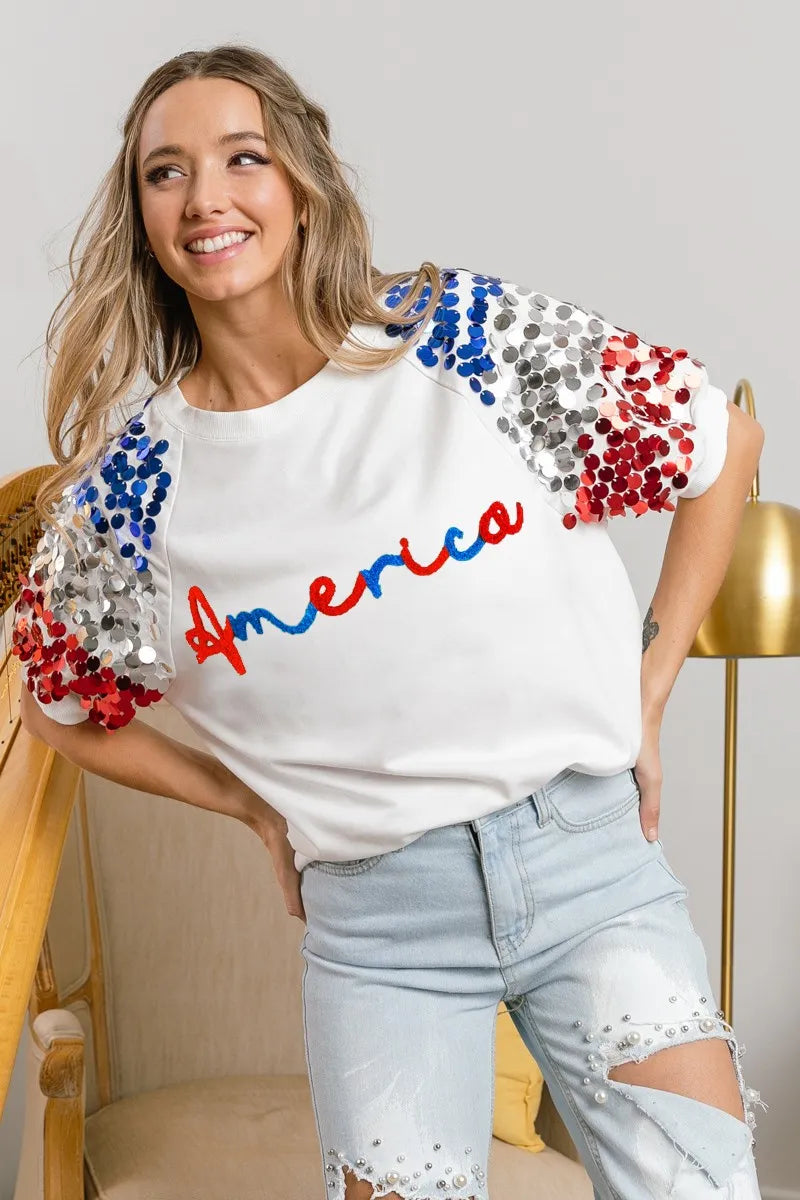 BiBi BiBi America Letter Applique Spangle Puff Sleeves Top