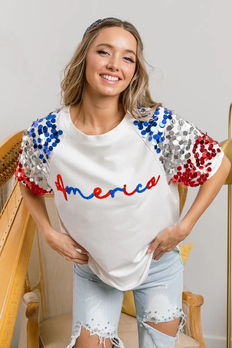 BiBi BiBi America Letter Applique Spangle Puff Sleeves Top